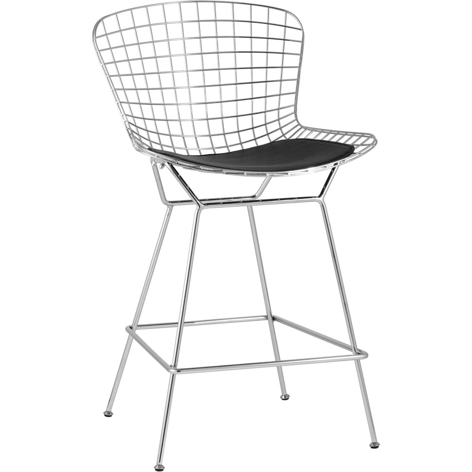 Стул полубарный с низкой спинкой Bertoia хромированный с черной подушкой Стул полубарный с низкой спинкой Bertoia хромированный с черной подушкой